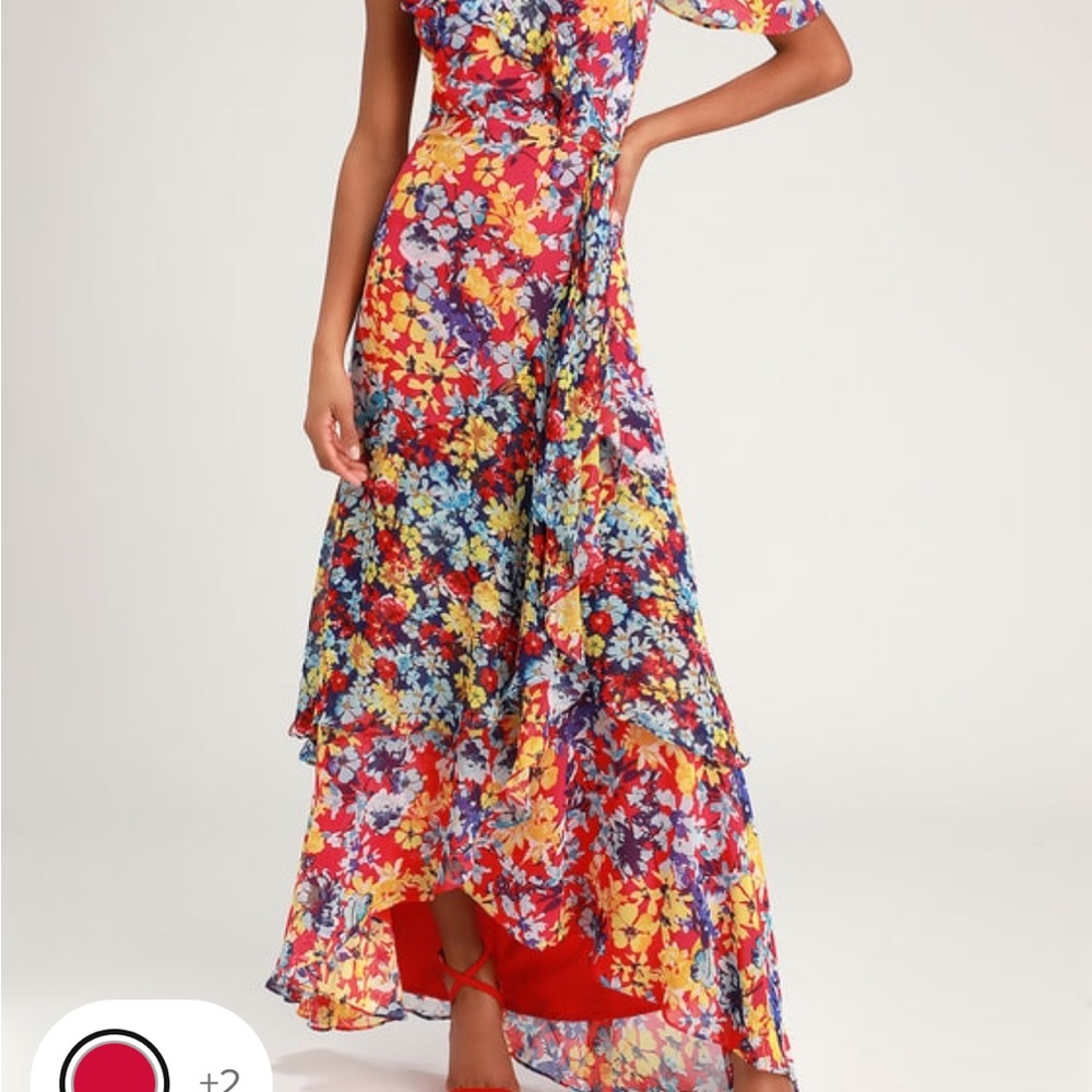 Lulus Radiant Ruby Red Floral Print Chiffon Maxi Dress - Size XS